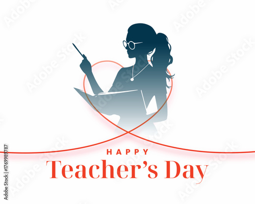 Happy Teachers Day love heart celebration line style background with Female Tutor, Lady Girl Teaching silhouette vector