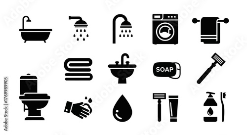 Bathroom icons: bathtub, shower, washing machine, towels, sink, soap, razor, toilet, hand washing, drop, toothpaste, toothbrush.