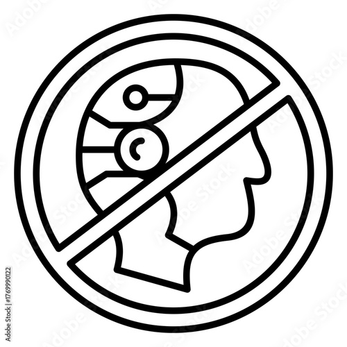 Artificial Intelligence Prohibition No Robot Allowed Outline Icon. Circular No-Sign with Cyborg Head, Representing AI Restriction, Regulation, and Banning of Autonomous Systems in Specific Contexts