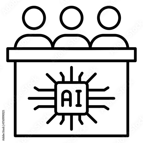AI Judging Panel or Arbitration Group Outline Icon. Three People Behind a Bench Featuring an AI Processor Chip, Representing Technology in Legal Decision-Making, Courts, and Expert Review