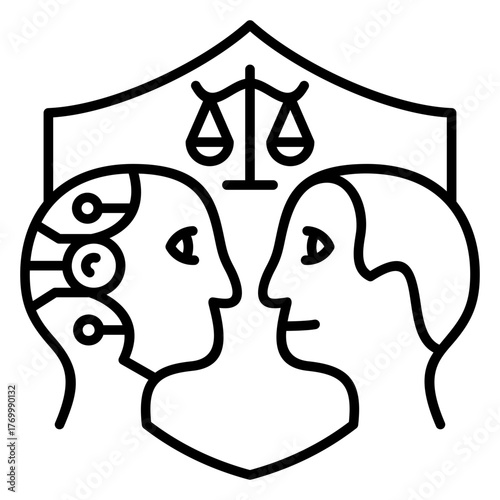 AI and Human Facing Law Regulation Outline Icon. Side Profiles of a Robot and Human with Justice Scales on a Shield, Symbolizing AI Ethics, Legal Debate, and Future of Technology Law