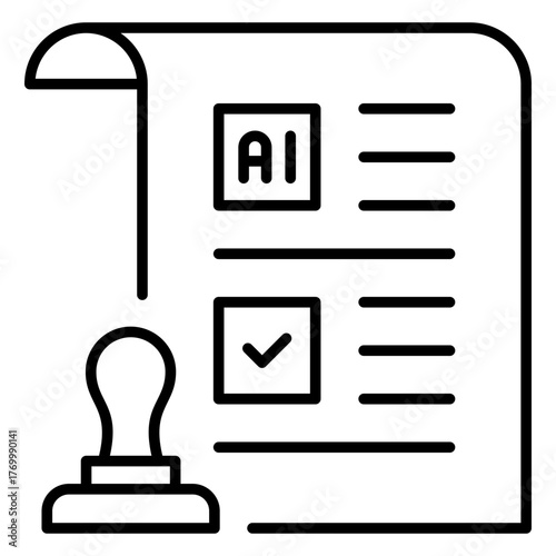 AI Policy Document with Approved Stamp Outline Icon. Legal Contract or Certification Paper Featuring an AI Box and Checkmark Stamp, Representing Regulation, Verification, and Policy Compliance