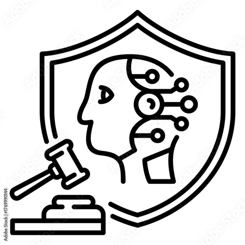 AI Regulation and Legal Protection Shield with Gavel Outline Icon. Cyborg Head Inside a Shield with a Judge's Gavel, Symbolizing AI Law, Defense, and Judicial Control over Artificial Intelligence