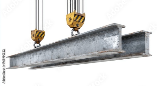 Vibrant photo of a steel i-beam being lifted by industrial crane hooks