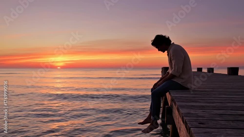 A man sits quietly on wooden pier at sunset, gazing at the ocean in deep contemplation.