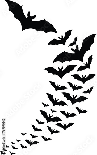 Flying bats swarm silhouette, black vector illustration on white background, spooky Halloween design element, dark night creatures, horror theme artwork