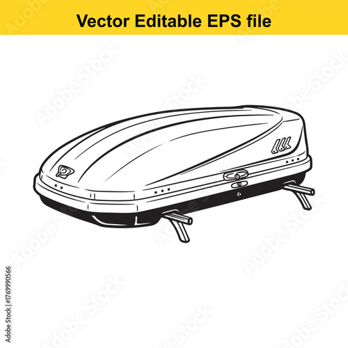 Line art drawing of a car roof box, a practical accessory for extra storage space on a vehicle