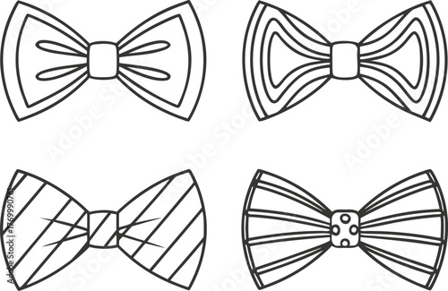 Bow Tie Design Collection. Classic Bow Tie Illustration Set. Elegant Fashion Accessory Design. Formal Bow Tie and Clothing Concept. Gentlemen Style and Accessory Art. Stylish Bow Tie and Tuxedo