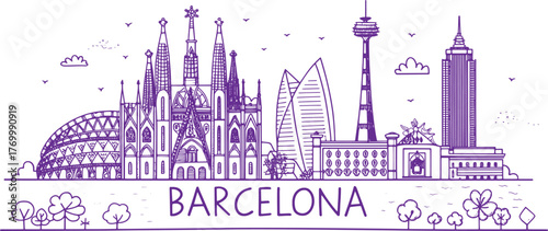 Barcelona Skyline Sketch with Sagrada Familia, Park Güell, and La Rambla – Hand Drawn Cultural Line Art for Travel and Tourism Promotion