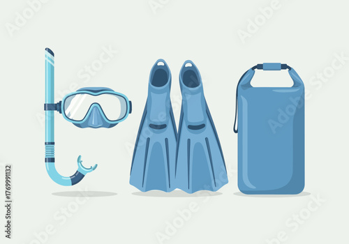 Snorkeling Gear Set Mask Fins Snorkel and Dry Bag.