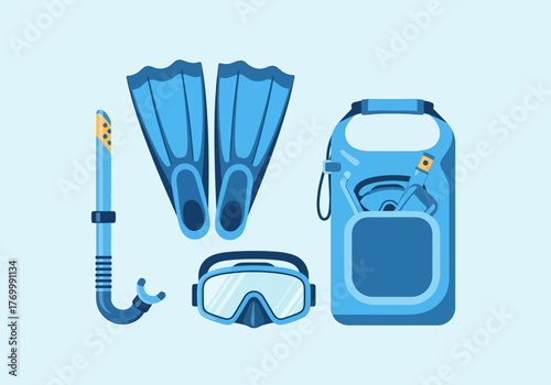 Snorkeling Gear Set Fins Mask Snorkel and Waterproof Bag.