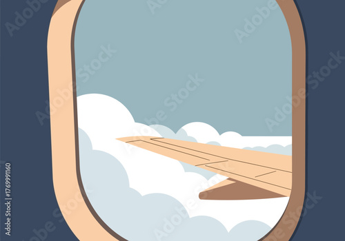 Airplane Window View of Wing and Clouds.