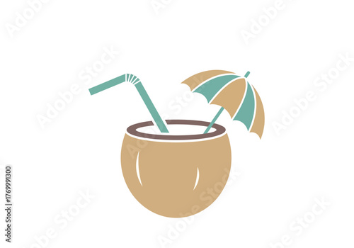 Coconut Drink with Straw and Umbrella Illustration.