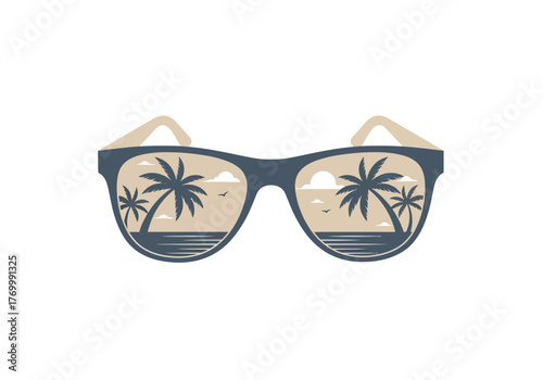 Sunglasses Reflecting a Tropical Beach Scene with Palm Trees.