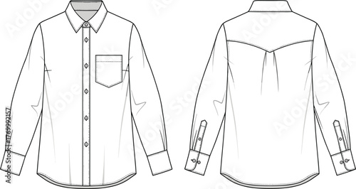 Classic button-up shirt front and back technical flat sketch, long sleeve casual shirt design, detailed cad drawing flat vector illustration
