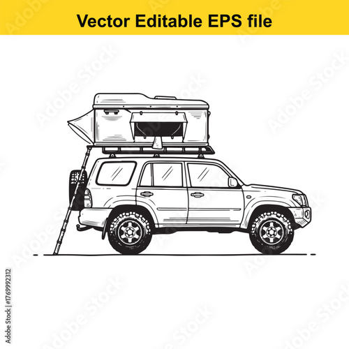 Offroad vehicle with a rooftop tent, ready for adventure and camping in remote outdoor locations