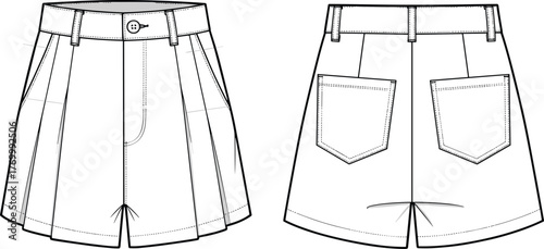 High waist pleated shorts front and back technical fashion flat, detailed clothing design, sewing pattern, modern apparel cad drawing flat vector illustration