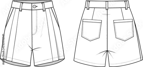 High waist pleated shorts front and back technical flat sketch, detailed fashion apparel design, modern casual outfit, cad drawing flat vector illustration
