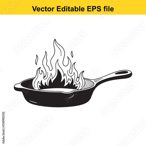 Cast iron skillet with flames