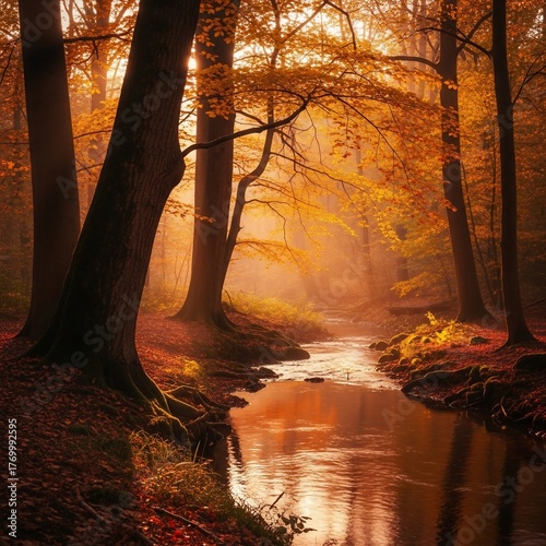 Enchanting Autumn Forest Stream with Golden Light.