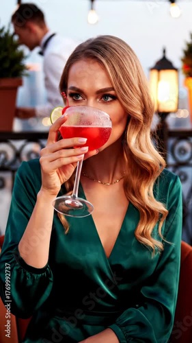 Elegant Woman Enjoying Cocktail at Rooftop Bar, capturing a moment of luxury, leisure, and enjoyment. Vertical video