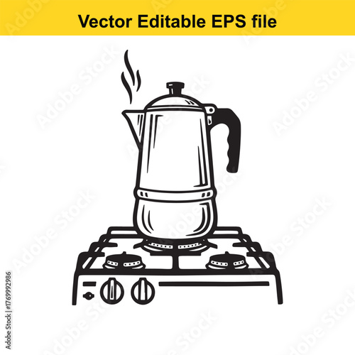 Moka pot coffee maker on a gas stove with steam, black and white line drawing