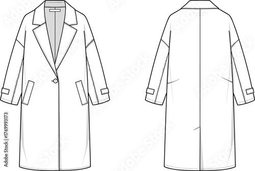 Long sleeve trench coat front and back technical fashion flat, minimalist outerwear apparel design, detailed garment sketch, cad drawing flat vector illustration