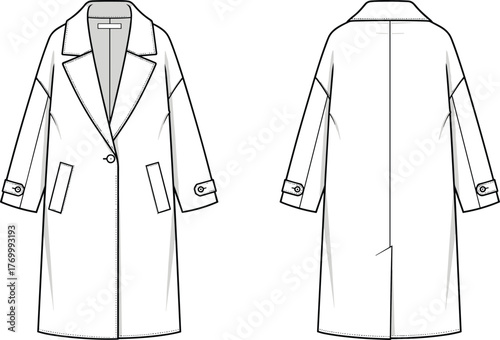 Long sleeve trench coat technical fashion flat front and back view, elegant outerwear design sketch, cad drawing flat vector illustration