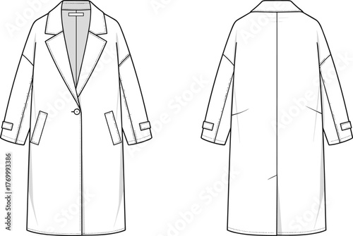 Long trench coat front and back technical flat, minimalist outerwear fashion design, detailed garment sketch, modern apparel cad drawing flat vector illustration
