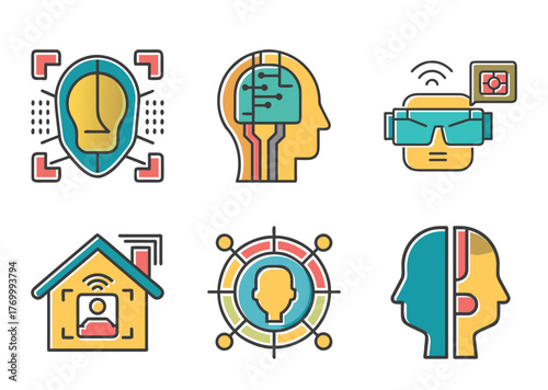 Biometric authentication and advanced security color icon set. Digital identity and data protection systems
