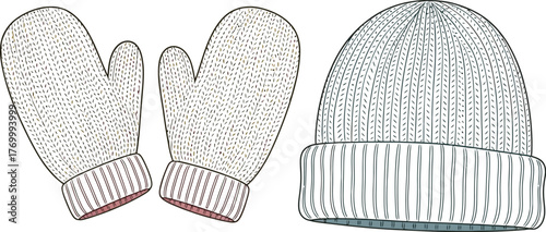 Knitted winter hat and mittens in pastel colors perfect for cold weather fashion