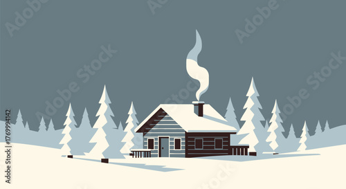 Cozy cabin nestled among snowcovered trees with smoke rising from the chimney