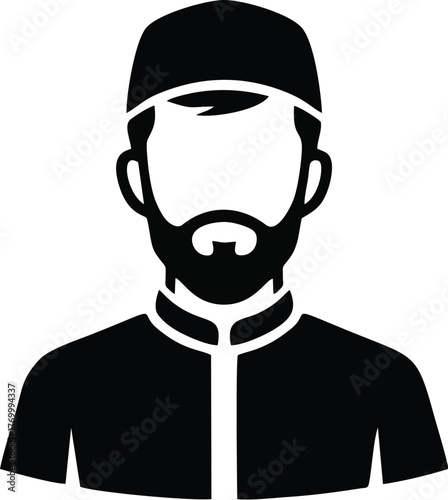 Black and white vector illustration of a man with a beard wearing a kufi hat and a collared shirt.