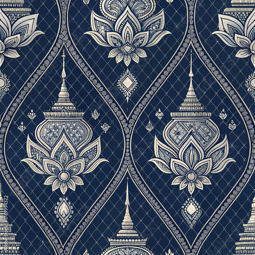 A contemporary Thai pattern using repeating golden geometric motifs on a dark green background. Clean lines and soft rhythms, perfect for luxurious interiors or formal wear.