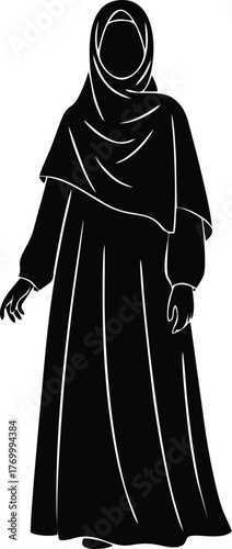 Silhouette of a woman wearing a traditional Muslim hijab and long dress.