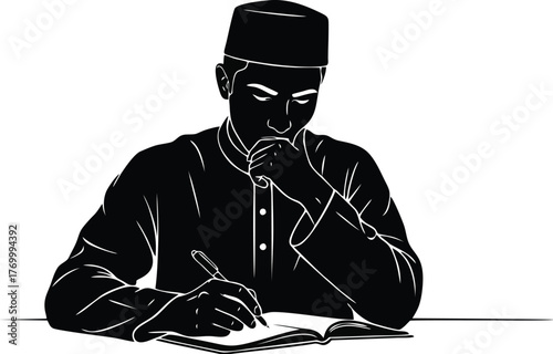 Silhouette of a man wearing a peci hat, sitting at a desk, writing in a notebook, and thoughtfully holding his chin.