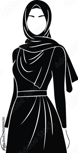 Silhouette illustration of a woman wearing a hijab and a long dress, depicted in black and white with clean, minimalist lines.