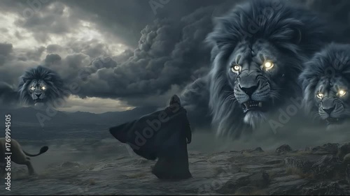 Surreal Encounter - A Figure Faces Giant Lion Spirits in a Dreamscape.