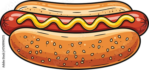 Cartoon hot dog with mustard on a light background in a fun food illustration