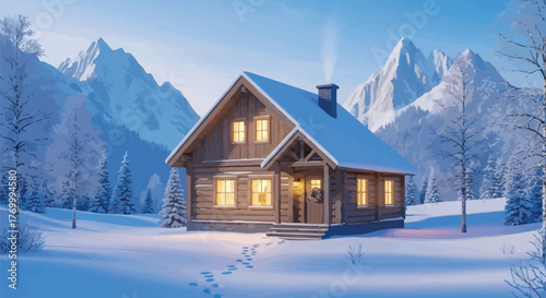 Cozy log cabin glows warmly in a snowy winter landscape with mountain views