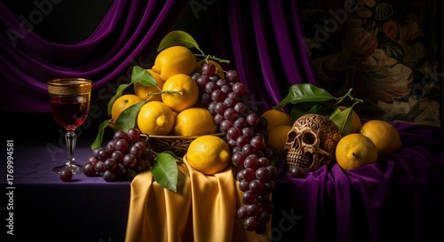 Still Life with Skull, Lemons, Grapes, and Wine Glass.