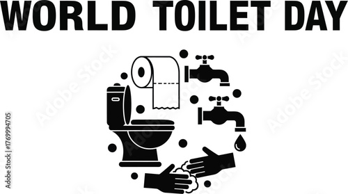World toilet day illustration with toilet, paper roll, faucet, and hand washing vector illustration for poster or banner