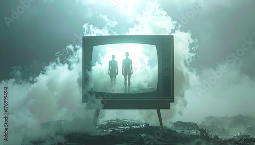 Surreal vintage television broadcasting radiant human silhouettes emerging from thick mist, a conceptual vision