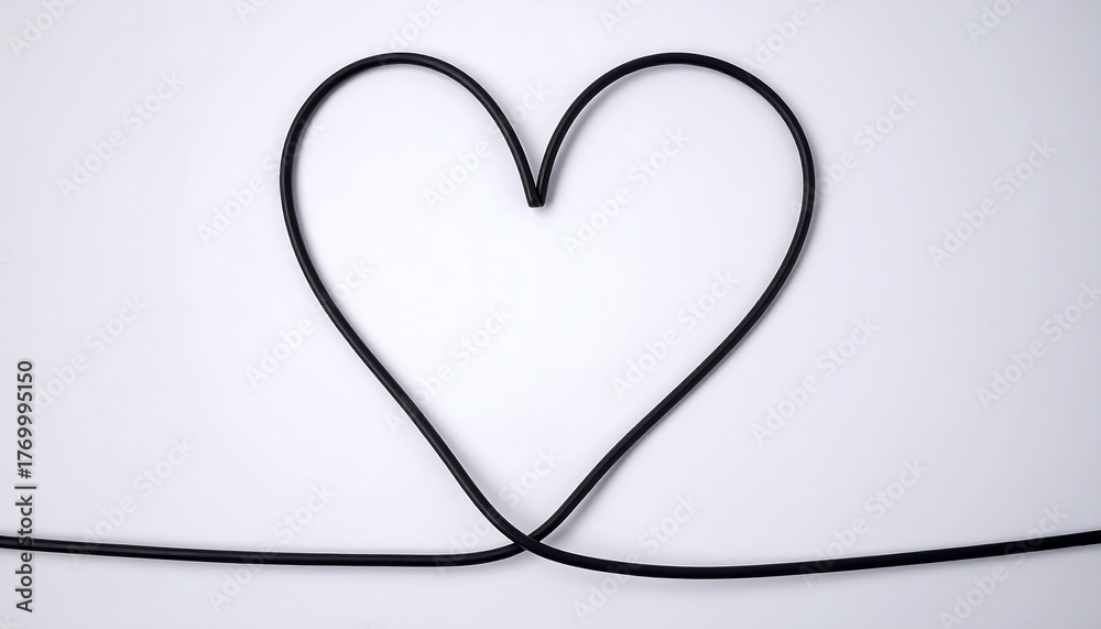 Fototapeta premium Graceful black cable artfully shaped into a minimalist heart, symbolizing modern connection, love, and intertwined destinies against a stark white backdrop