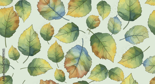 Watercolor autumn leaves pattern in shades of green yellow and brown background