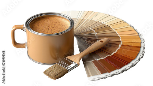 Tan paint can, brush, and fan deck of earth-toned color swatches