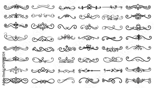 Collection of ornate black flourishes, swirled and decorative