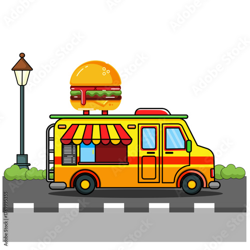 Cartoon Food Truck Icon with Giant Burger on Roof Vector Illustration Isolated Design