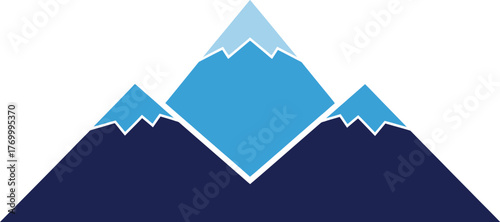 Three stylized mountains with snow caps in shades of blue on a white background