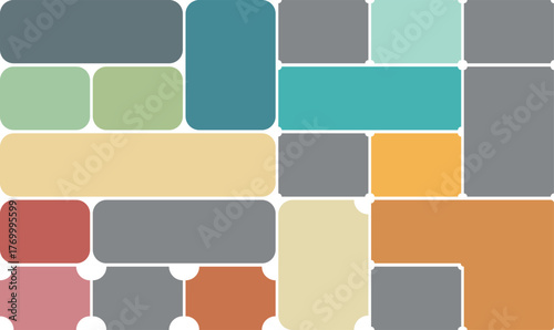 Rectangular shapes varying in size compose a colorful abstract arrangement on a white backdrop